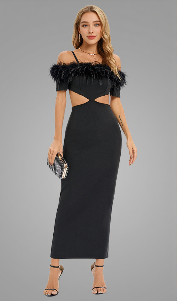 AIIZIE OFF-SHOULDER FEATHER PANEL BLACK DRESS - product image