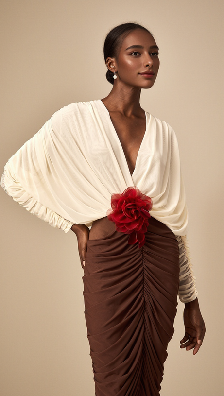 LONG SLEEVE TWO-TONE PLEATED MIDI DRESS IN BROWN