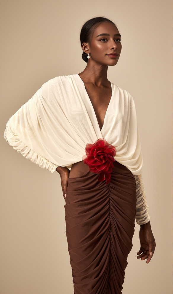 Long Sleeve Two-Tone pleated Midi Dress in Brown