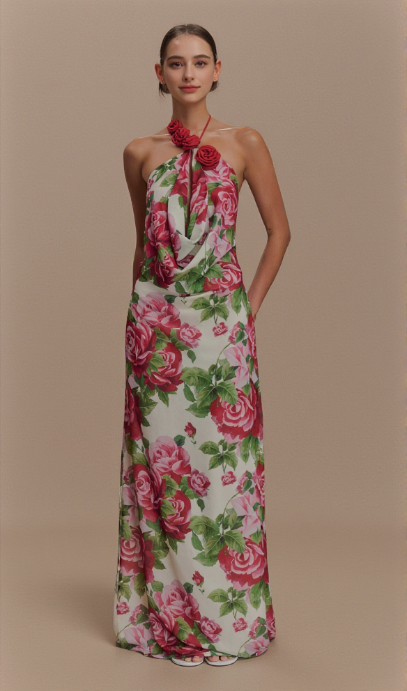 multicolor Floral halterneck high collar maxi dress