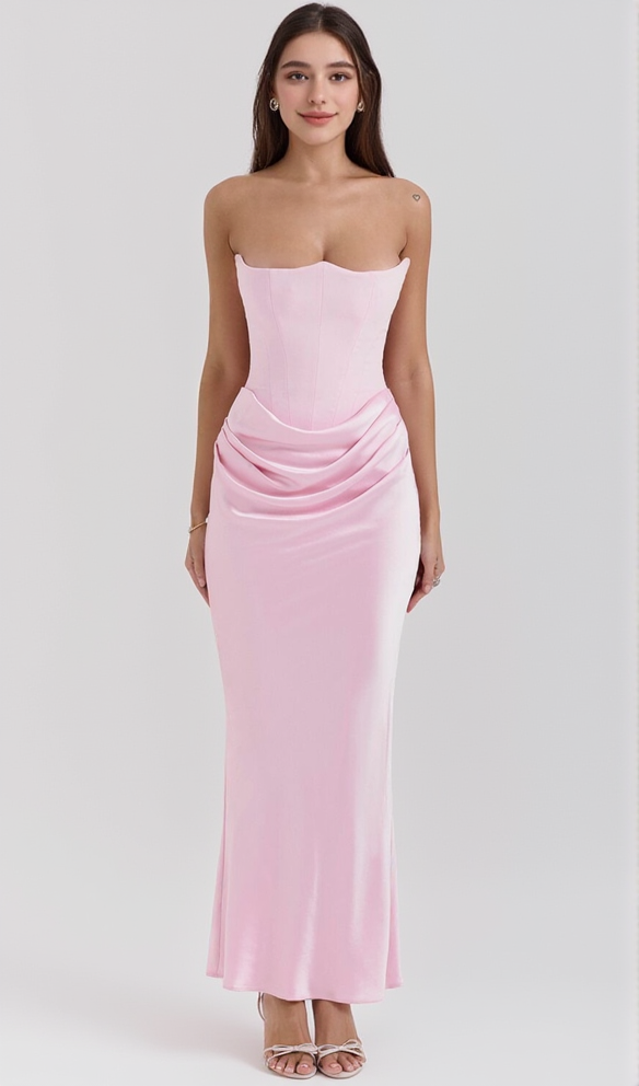 AIIZIE PINK VELVET STRAPLESS CORSET MAXI DRESS - product image