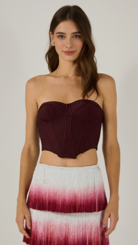 STRAPLESS TASSEL TWO PIECE MAXI DRESS BURGUNDY