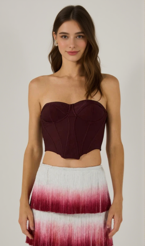 AIIZIE STRAPLESS TASSEL TWO PIECE MAXI DRESS BURGUNDY - product image