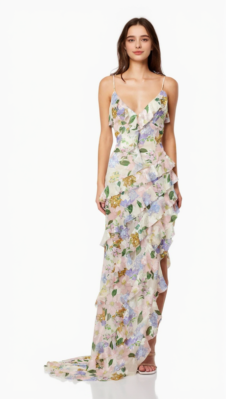 ASYMMETRICAL RUFFLED FLORAL DRAPED MAXI DRESS IN BEIGE