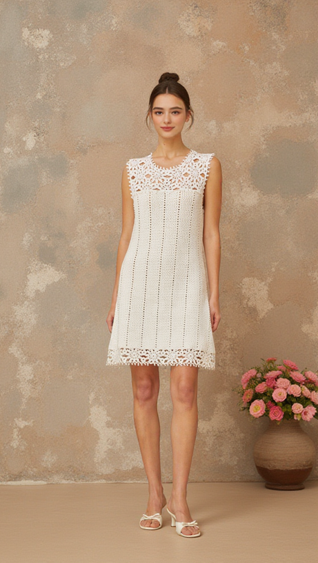 FLORAL CROCHET MINI DRESS IN WHITE