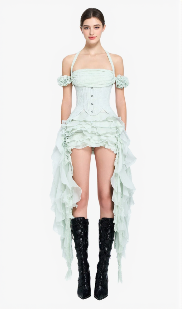 AIIZIE ELVA HALTER THREE-DIMENSIONAL FLOWER IRREGULAR TASSEL MINI DRESS IN MINT - product image