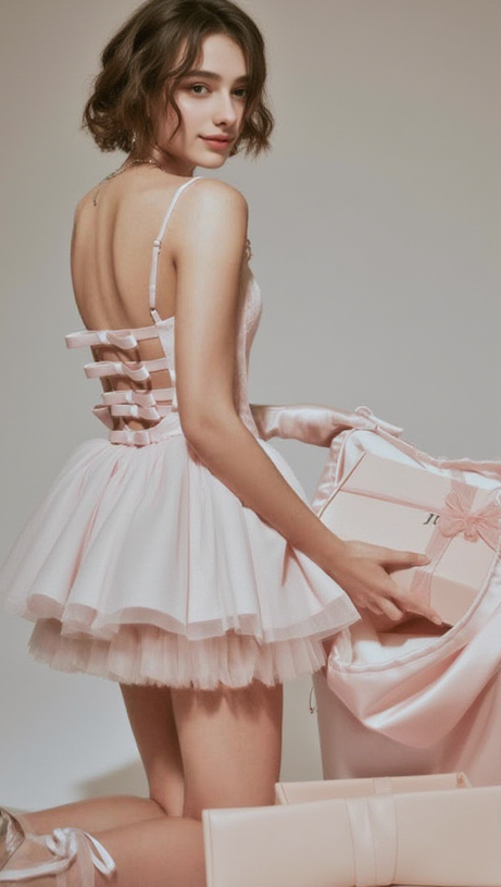 MINI ABITO SCOLLO A SCHIENA CON FIOCCO IN PIZZO CELESTE ROSA