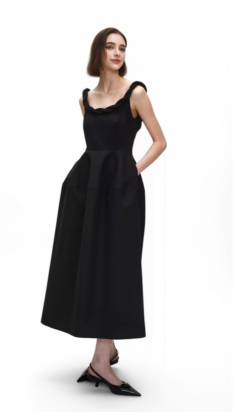 ABITO MIDI MONICA CON SPALLINE INTRECCIATE IN NERO