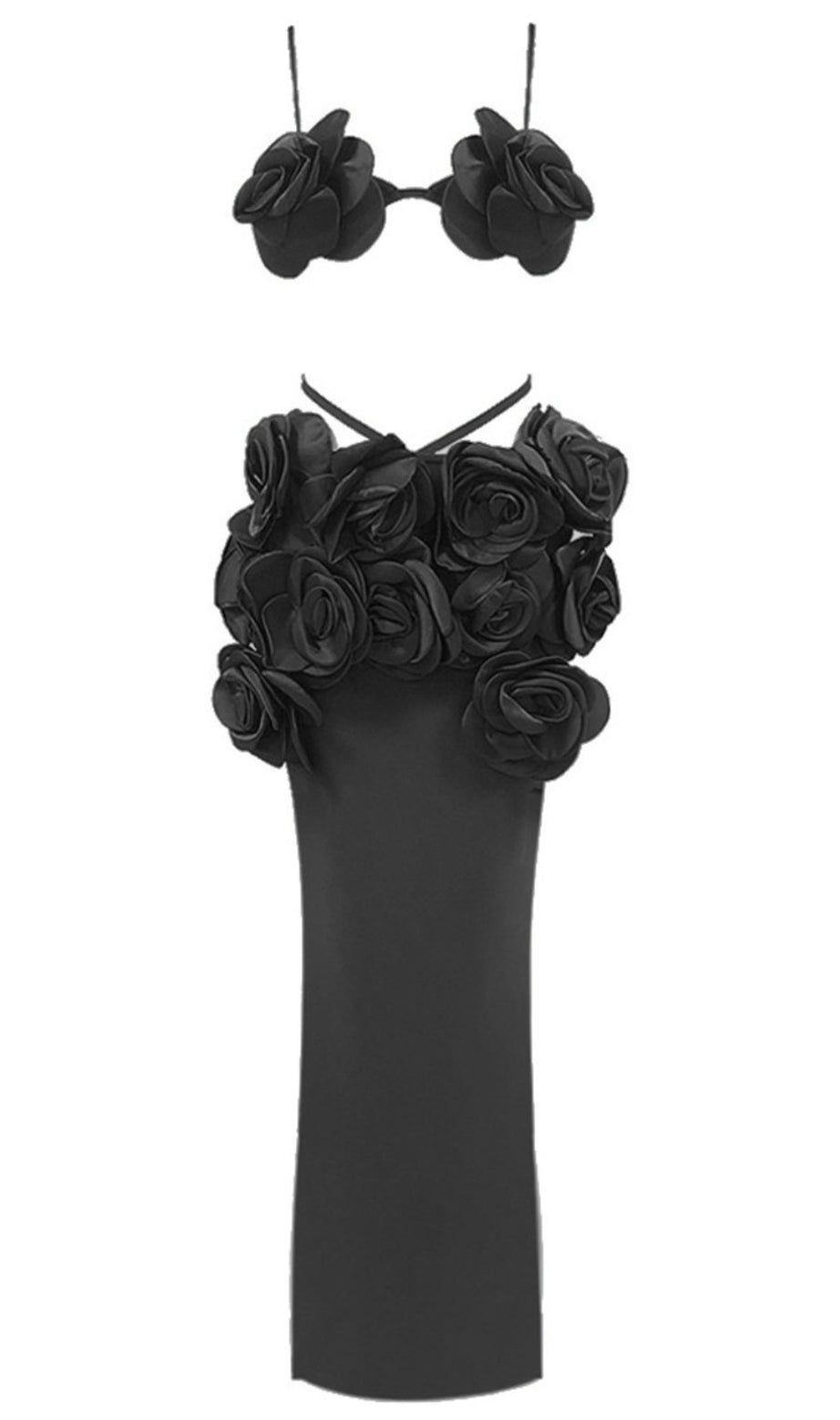 Completo composto da top nero a fiori e gonna lunga midi 