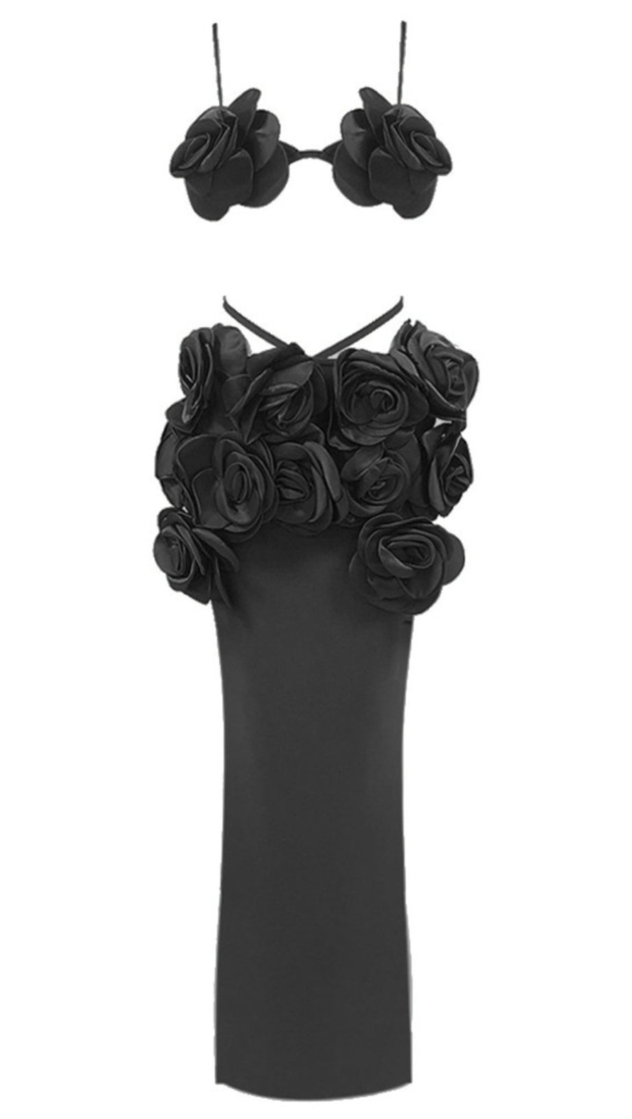 Completo composto da top nero a fiori e gonna lunga midi 