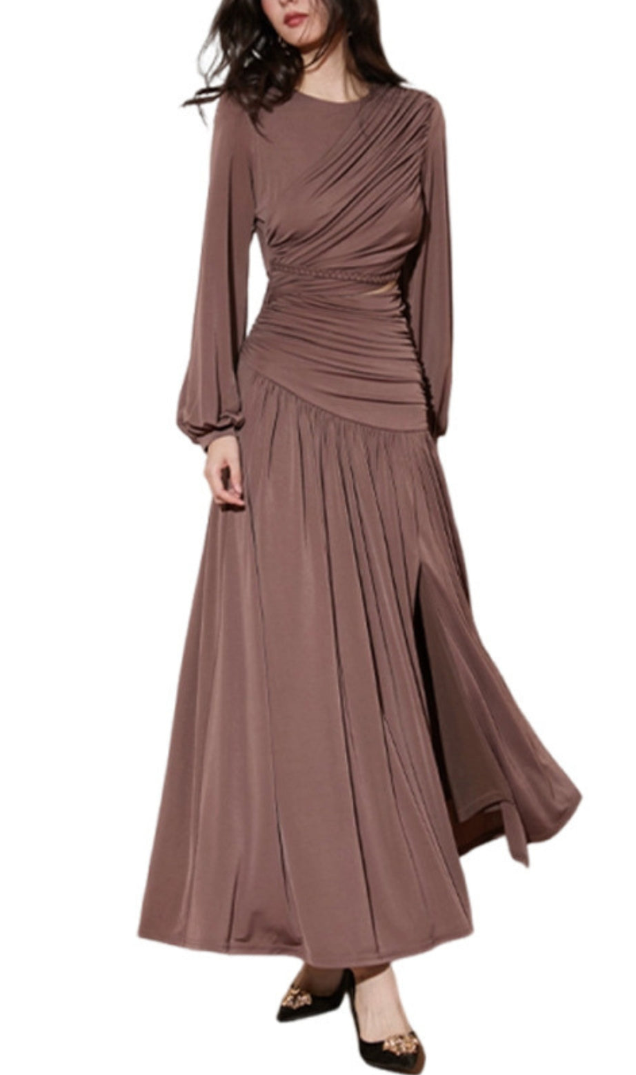 pleated cutout chiffon maxi dress in pale brown