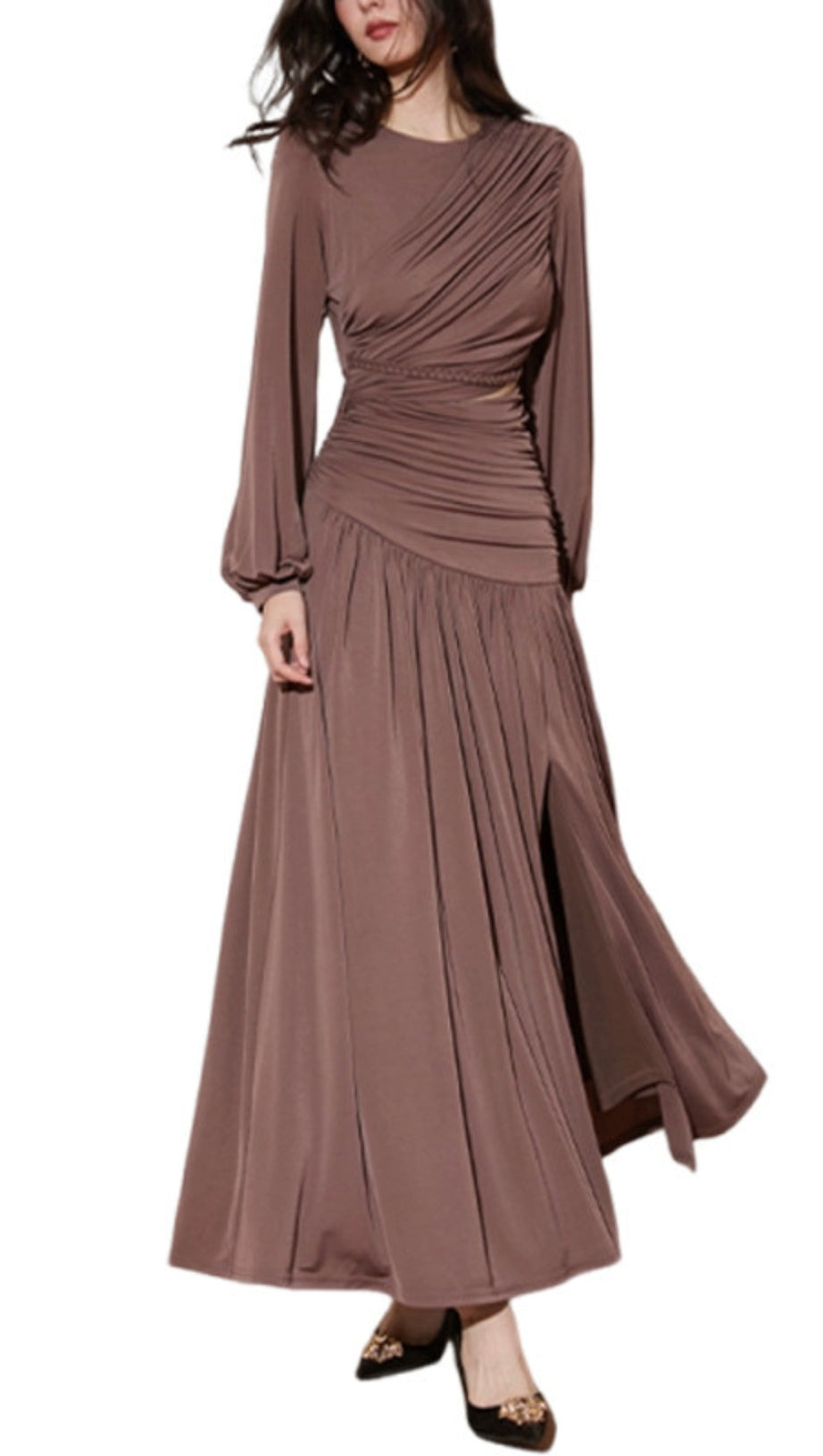 PLEATED CUTOUT CHIFFON MAXI DRESS IN PALE BROWN