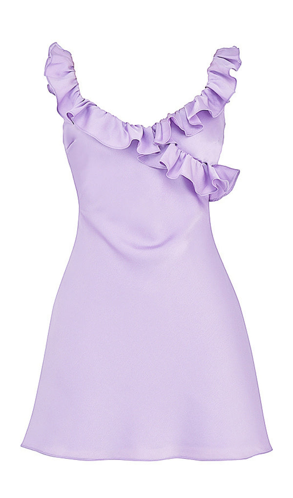 PURPLE BUTTERCUP SATIN RUFFLE MINI DRESS