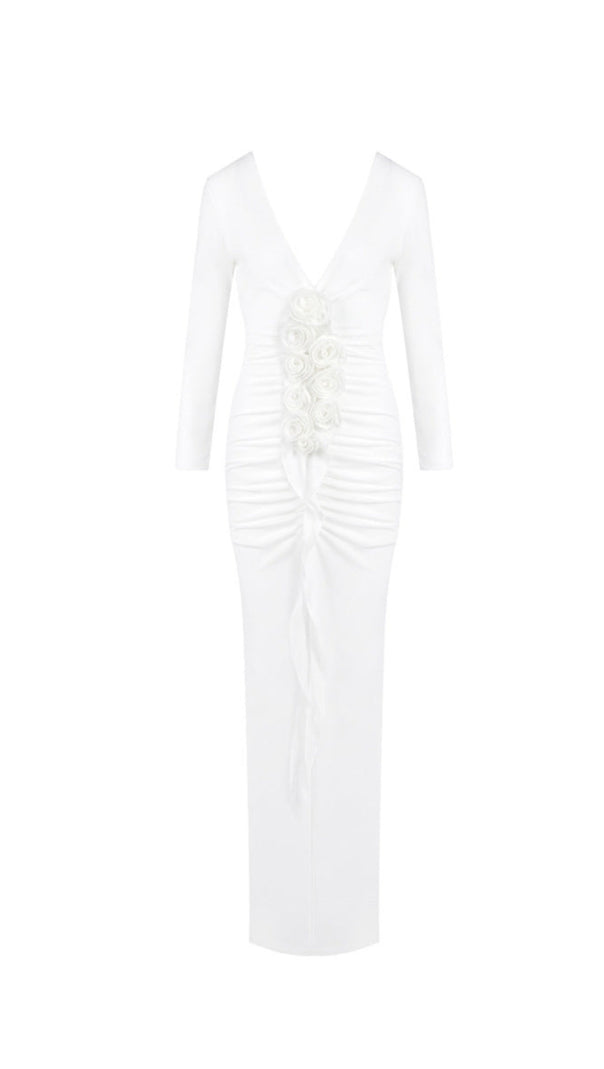 AIIZIE ELSA V NECK FLOWER RUCHED MAXI DRESS IN WHITE - product image
