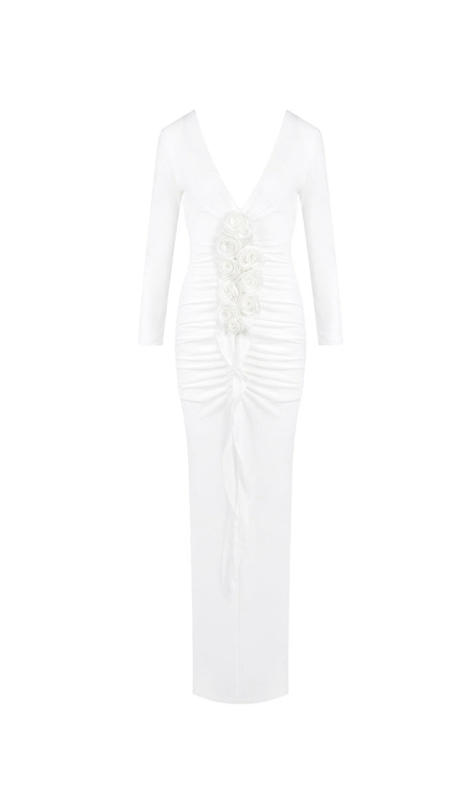 elsa V Neck Flower Ruched maxi Dress in white