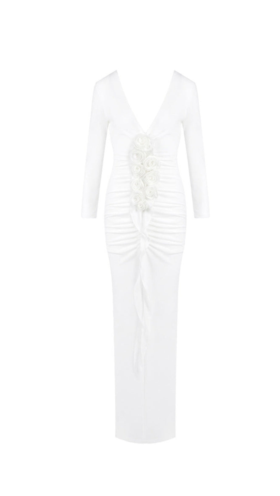 ELSA V NECK FLOWER RUCHED MAXI DRESS IN WHITE