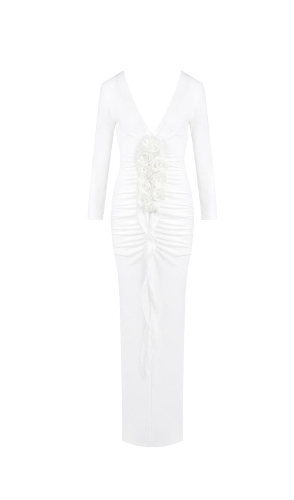 elsa V Neck Flower Ruched maxi Dress in white