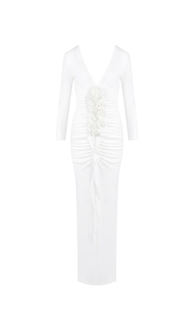 elsa V Neck Flower Ruched maxi Dress in white
