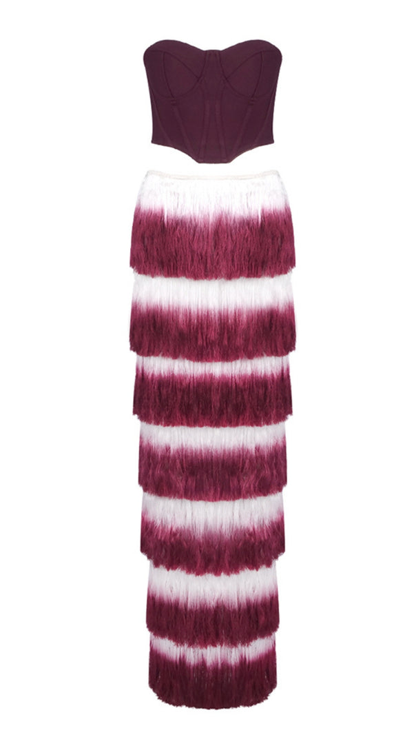 AIIZIE STRAPLESS TASSEL TWO PIECE MAXI DRESS BURGUNDY - product image