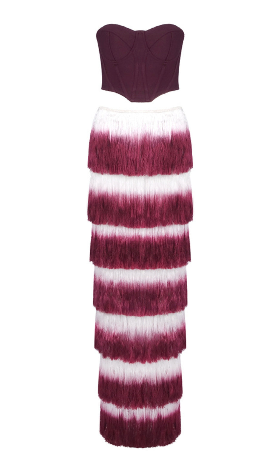 Strapless Tassel Two Piece Maxi Dress Burgundy