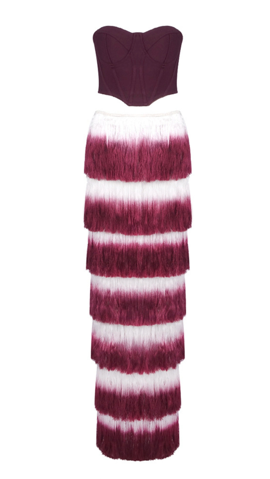 STRAPLESS TASSEL TWO PIECE MAXI DRESS BURGUNDY