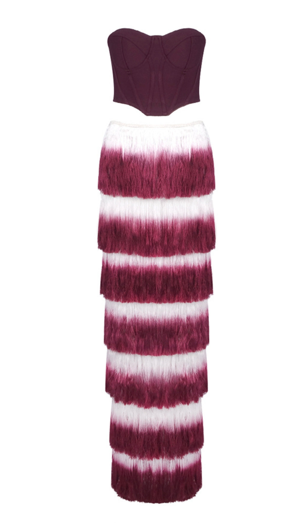 STRAPLESS TASSEL TWO PIECE MAXI DRESS BURGUNDY