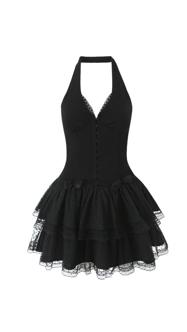AIIZIE GINA MESH HALTER NECK CORSET MINI DRESS IN BLACK - product image