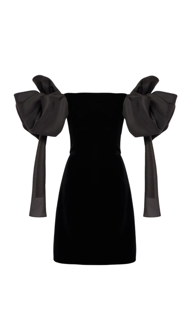 AIIZIE JULIE BOW OFF-SHOULDER MINI DRESS IN BLACK - product image