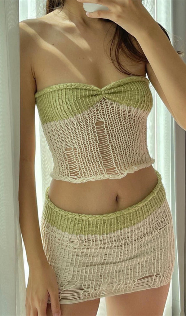 GREEN COLOR - BLOCKED BUSTIER KNITTED SET