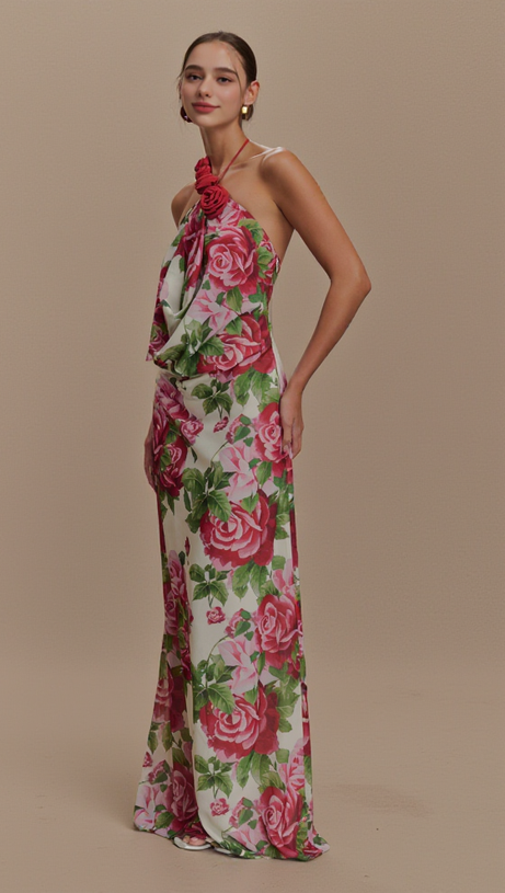MULTICOLOR FLORAL HALTERNECK HIGH COLLAR MAXI DRESS