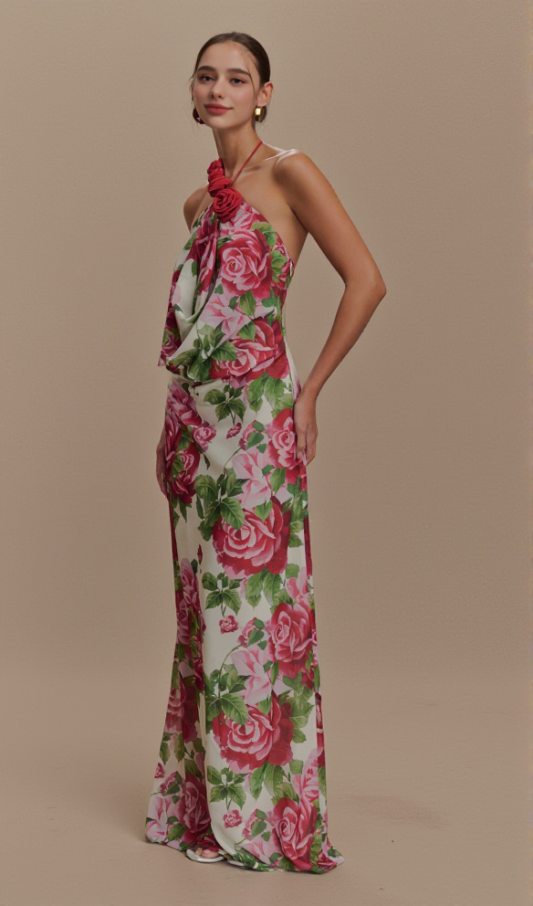 AIIZIE MULTICOLOR FLORAL HALTERNECK HIGH COLLAR MAXI DRESS - product image