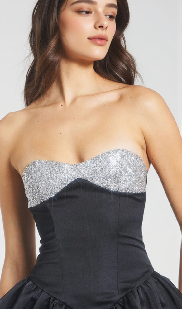 AIIZIE BLACK SATIN CRYSTAL MINI DRESS - product image
