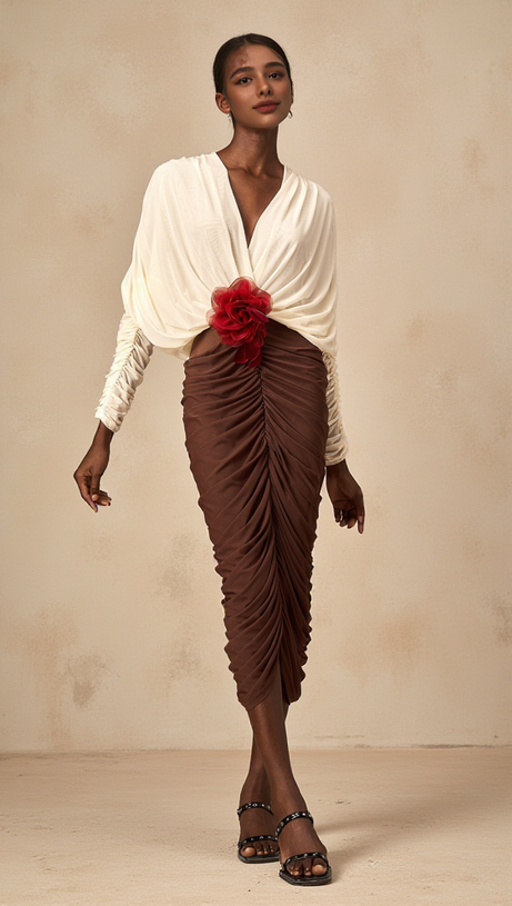 LONG SLEEVE TWO-TONE PLEATED MIDI DRESS IN BROWN