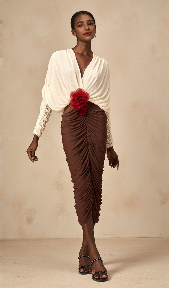 Long Sleeve Two-Tone pleated Midi Dress in Brown