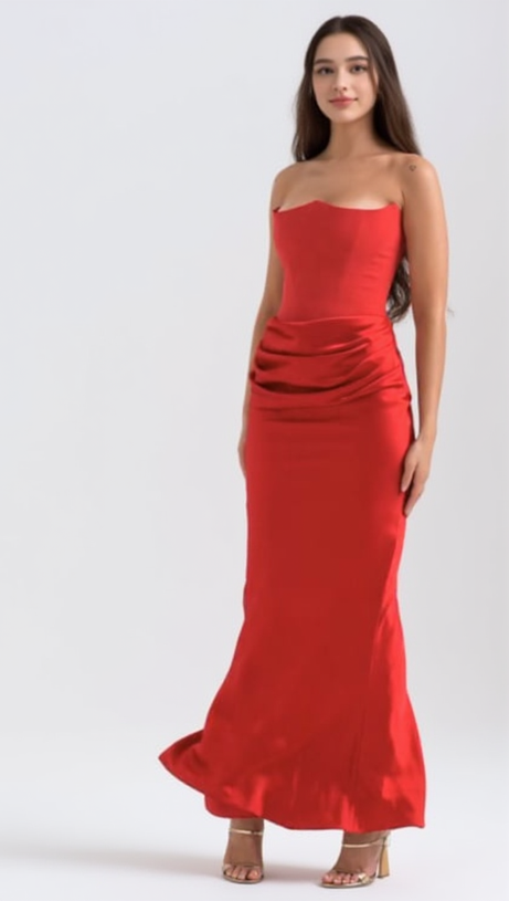 RED VELVET STRAPLESS CORSET MAXI DRESS