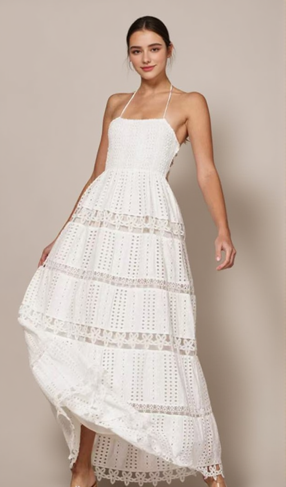 ABITO LUNGO IN PATCHWORK DI PIZZO ELASTICO CON SCOLLO ALL'AMERICANA, BIANCO