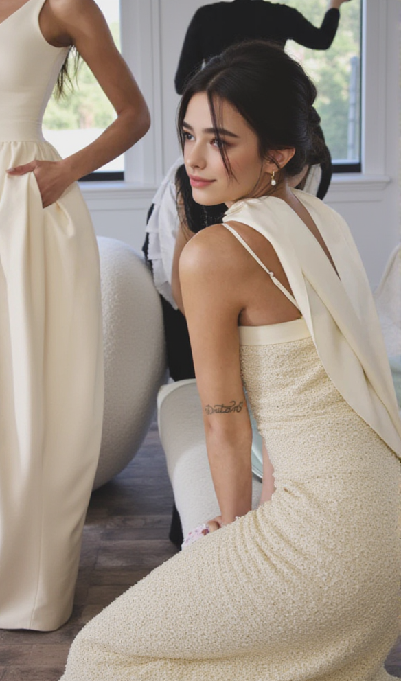 Raizel Maxikleid mit goldenen Perlen und Pailletten, figurbetont und mit Schal