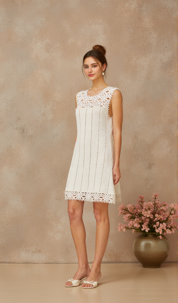 AIIZIE FLORAL CROCHET MINI DRESS IN WHITE - product image