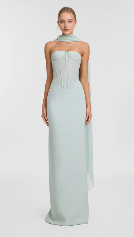 ANNA STRAPLESS  MESH SCARF CORSET MAXI DRESS IN GREEN