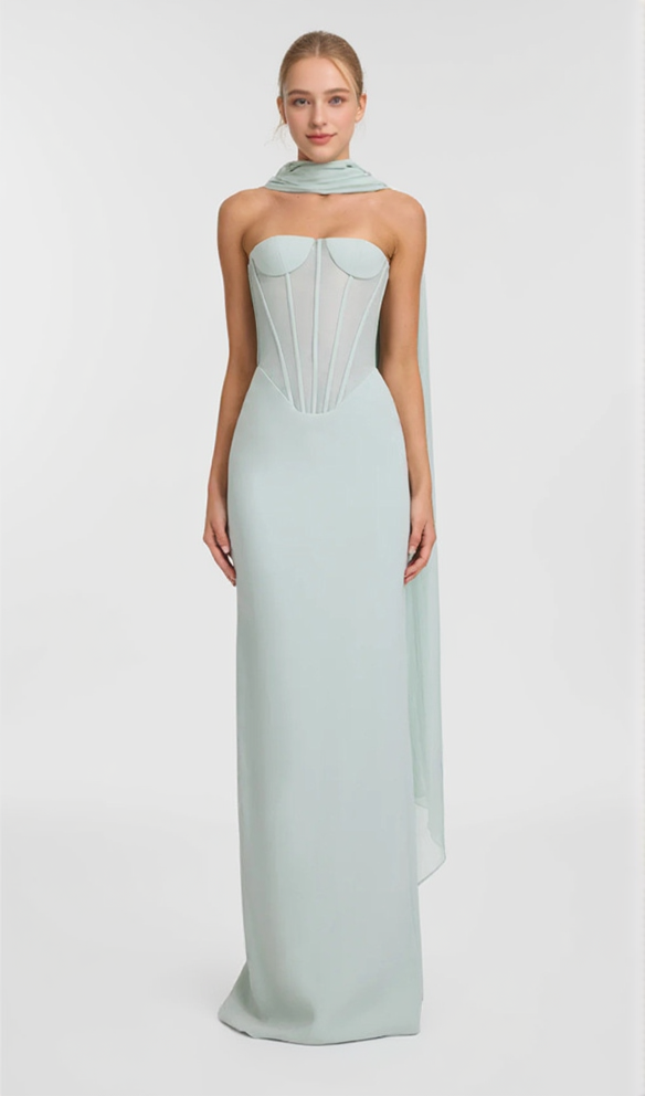 ANNA STRAPLESS  MESH SCARF CORSET MAXI DRESS IN GREEN