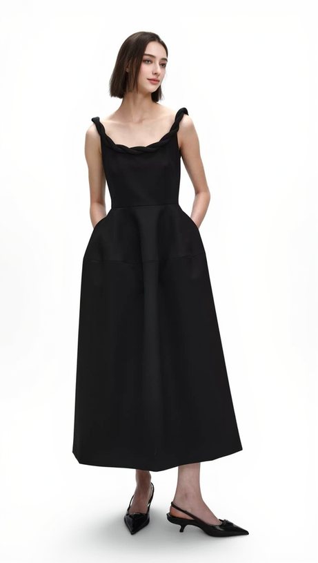ABITO MIDI MONICA CON SPALLINE INTRECCIATE IN NERO
