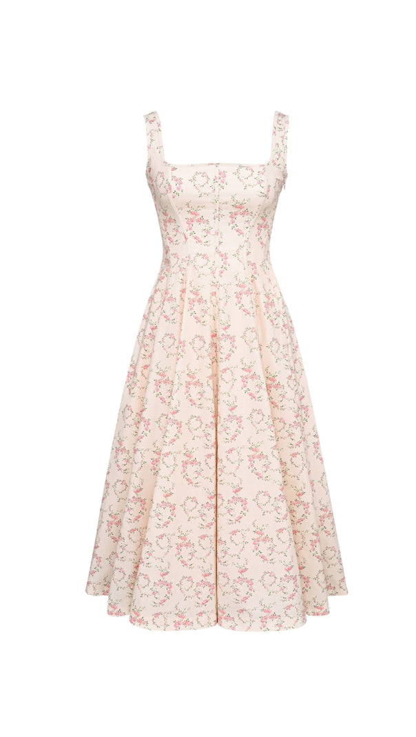 AIIZIE GEMMA FLORAL CREAM LACE-UP STRETCH COTTON MIDI DRESS - product image