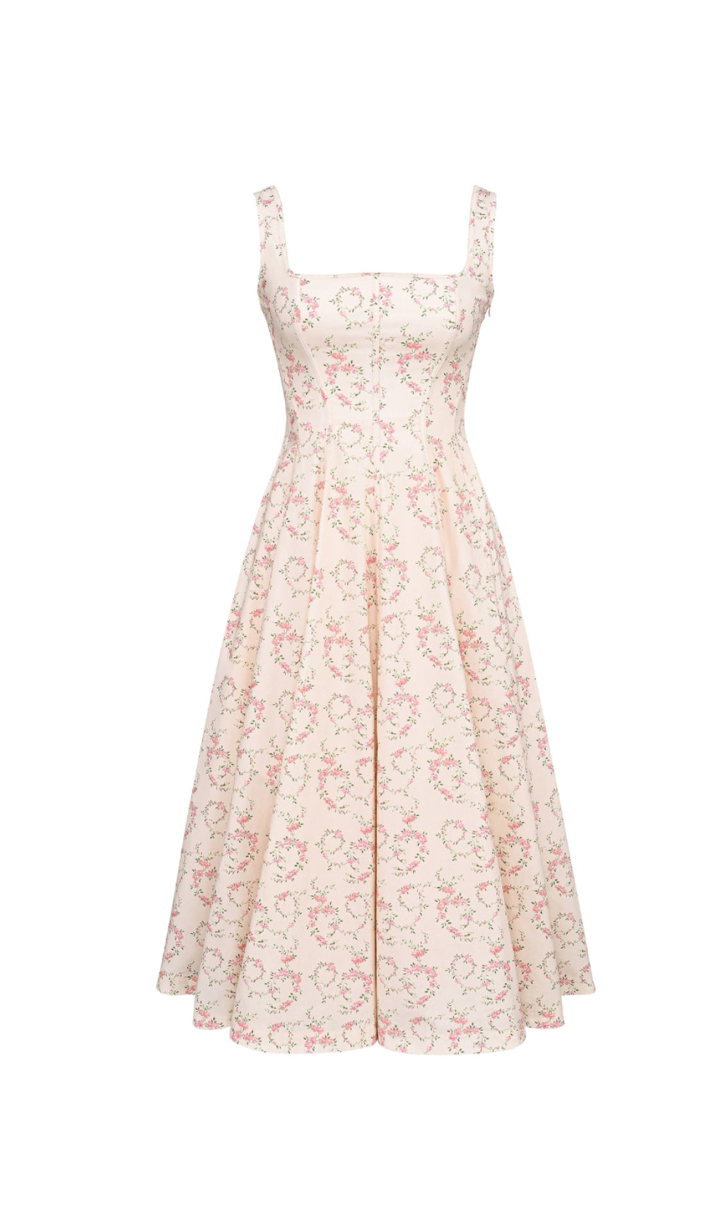 Gemma – Cremefarbenes Midikleid aus Stretch-Baumwolle mit Blumenmuster und Schnürung