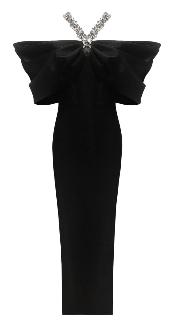 AIIZIE BLACK HEAVY DIAMOND HALTER MAXI DRESS - product image