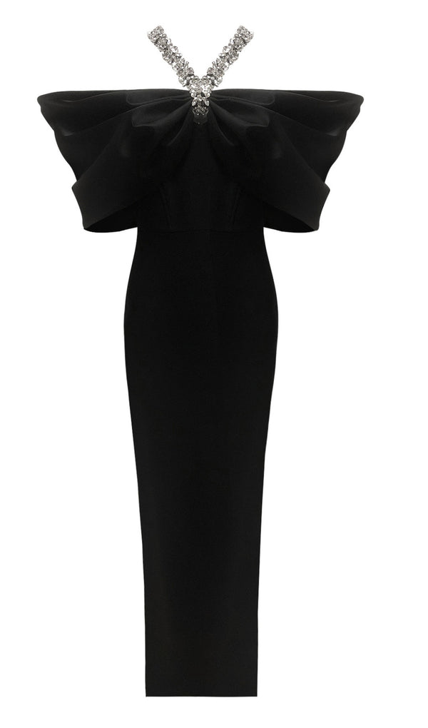 Black Heavy Diamond Halter Maxi Dress