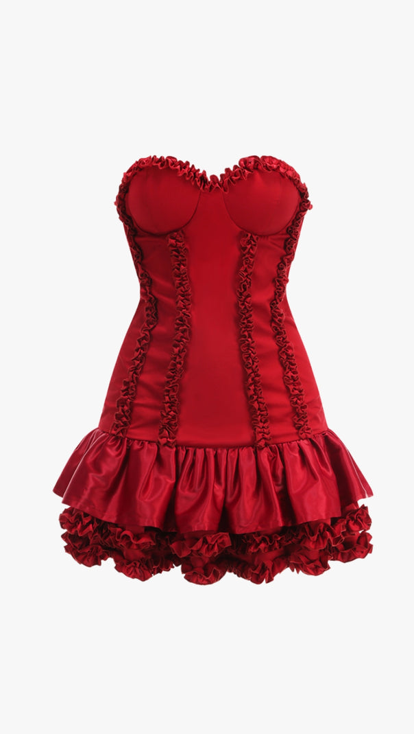 AIIZIE SALLY RUFFLE TRIM STRAPLESS MINI DRESS IN RED - product image