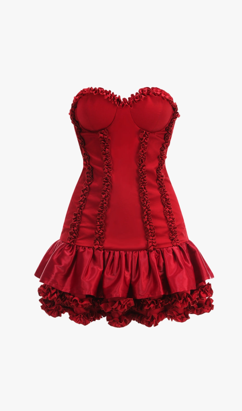 SALLY RUFFLE TRIM STRAPLESS MINI DRESS IN RED