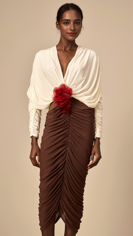 LONG SLEEVE TWO-TONE PLEATED MIDI DRESS IN BROWN