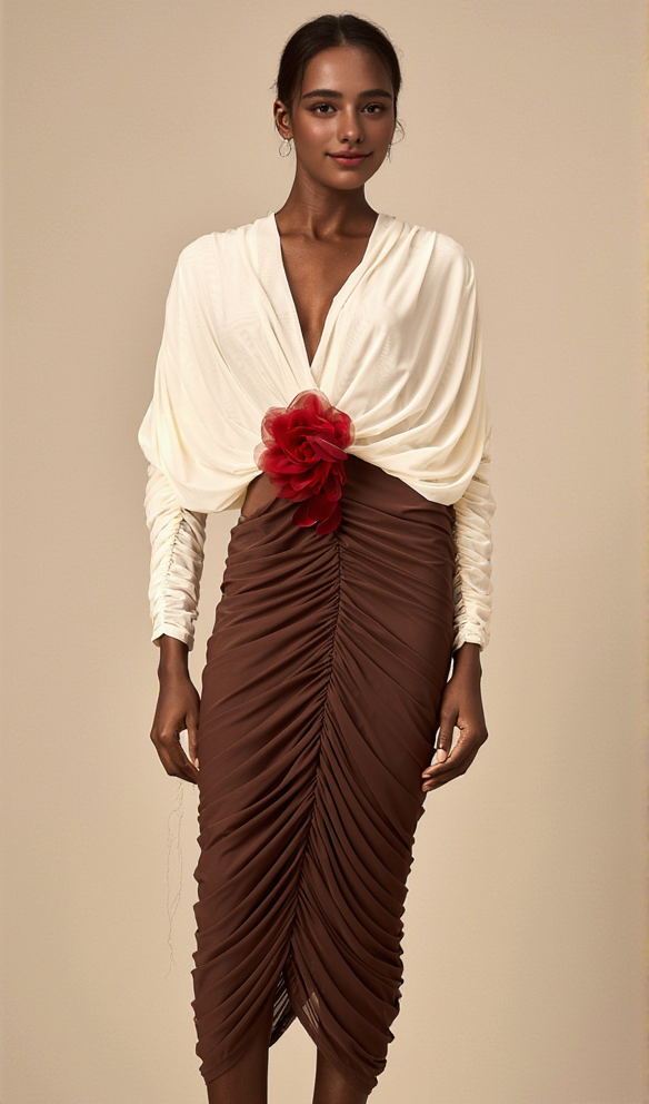Long Sleeve Two-Tone pleated Midi Dress in Brown