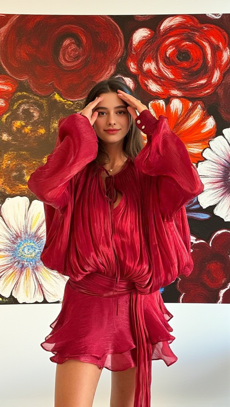 Rotes langärmliges Minikleid mit Schleife 